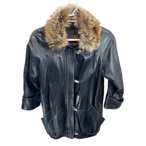 Vintage LNR Women's Black Removable Racoon Fur‎ Collar Soft Leather Jacket XS